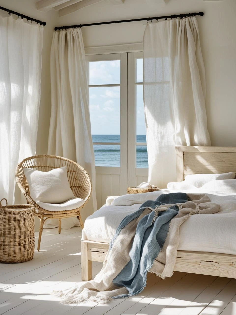 Natural coastal bedroom with rattan chair, wicker basket, linen bedding, and driftwood-style furniture for an authentic beach-inspired look.