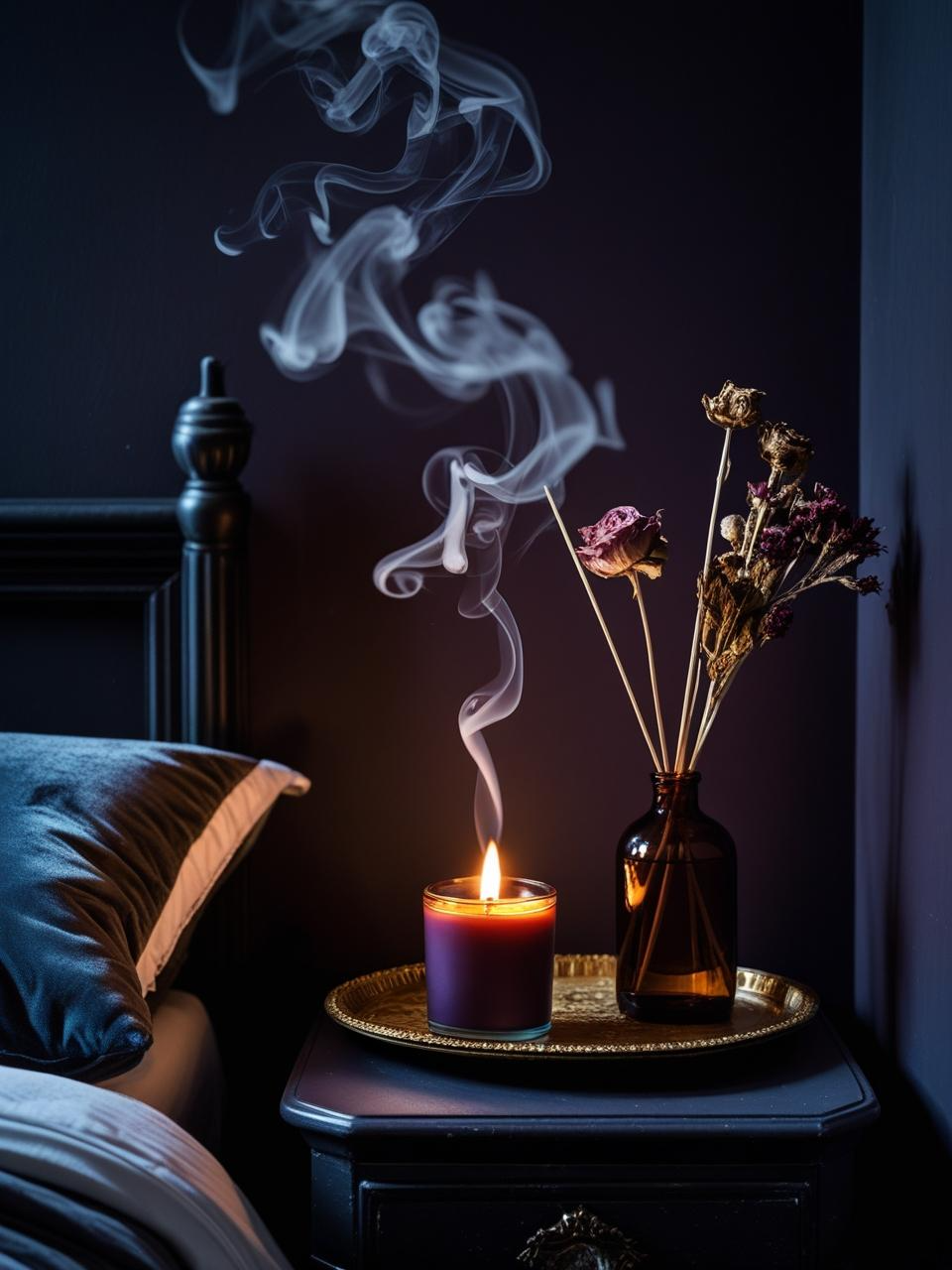 A dark feminine bedroom with velvet accessories hiding modern tech, blending chargers and devices into a moody, timeless design.