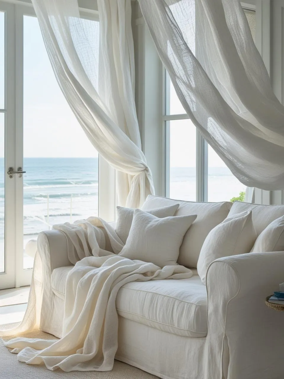 Airy modern coastal room with breathable linen curtains, cotton slipcovered sofa, and soft fabrics that create relaxed movement and comfort.