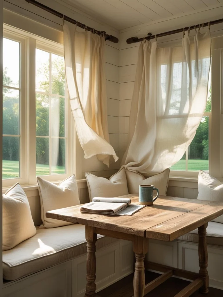 Calm farmhouse breakfast nook by a sunny window with rustic table, bench seating, and linen cushions in a quiet kitchen corner.