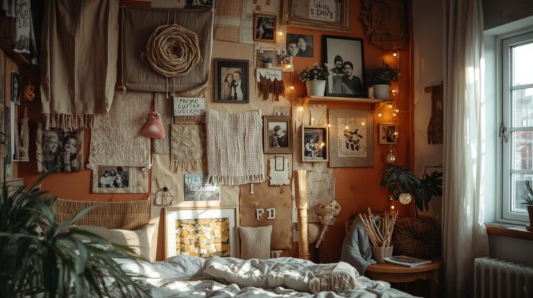 Homemade bedroom wall decor with DIY art, plants, string lights, and personal photos.