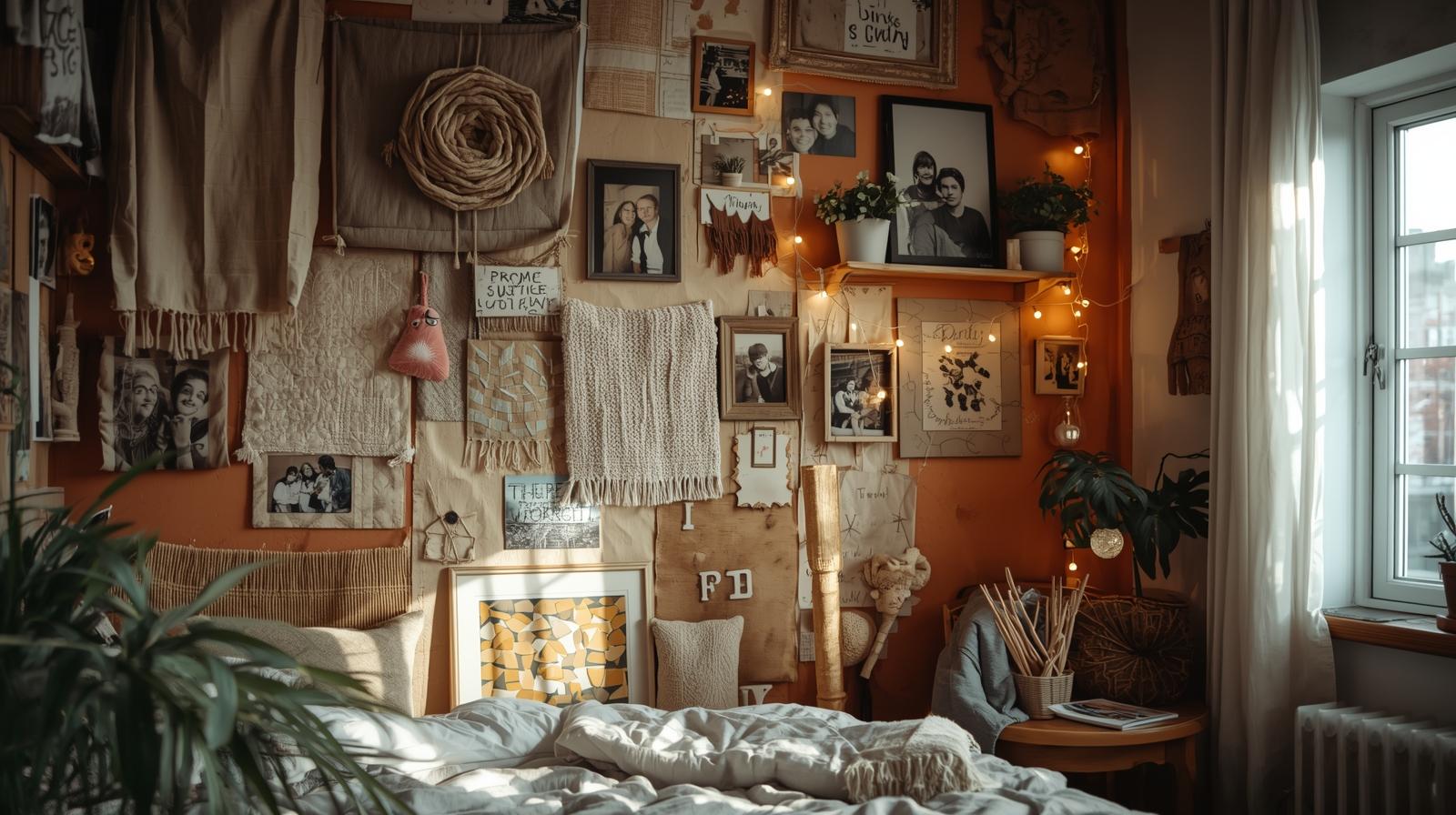 Homemade bedroom wall decor with DIY art, plants, string lights, and personal photos.