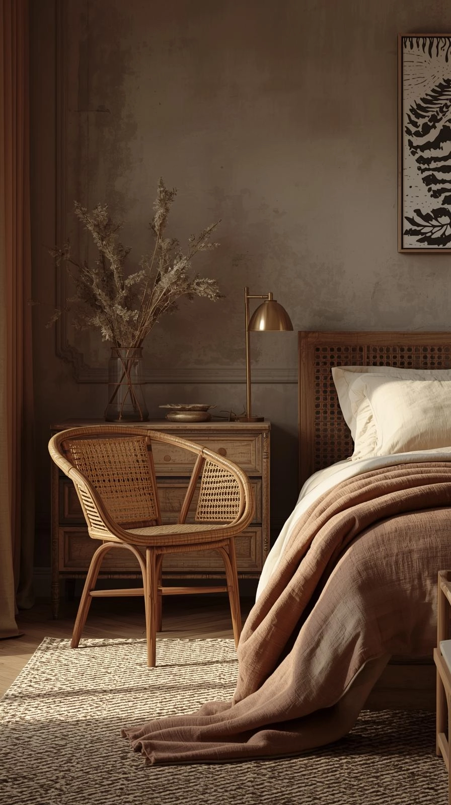 Boho maximalist bedroom with vintage wood furniture, rattan chair, and a mix of old and new design elements.
