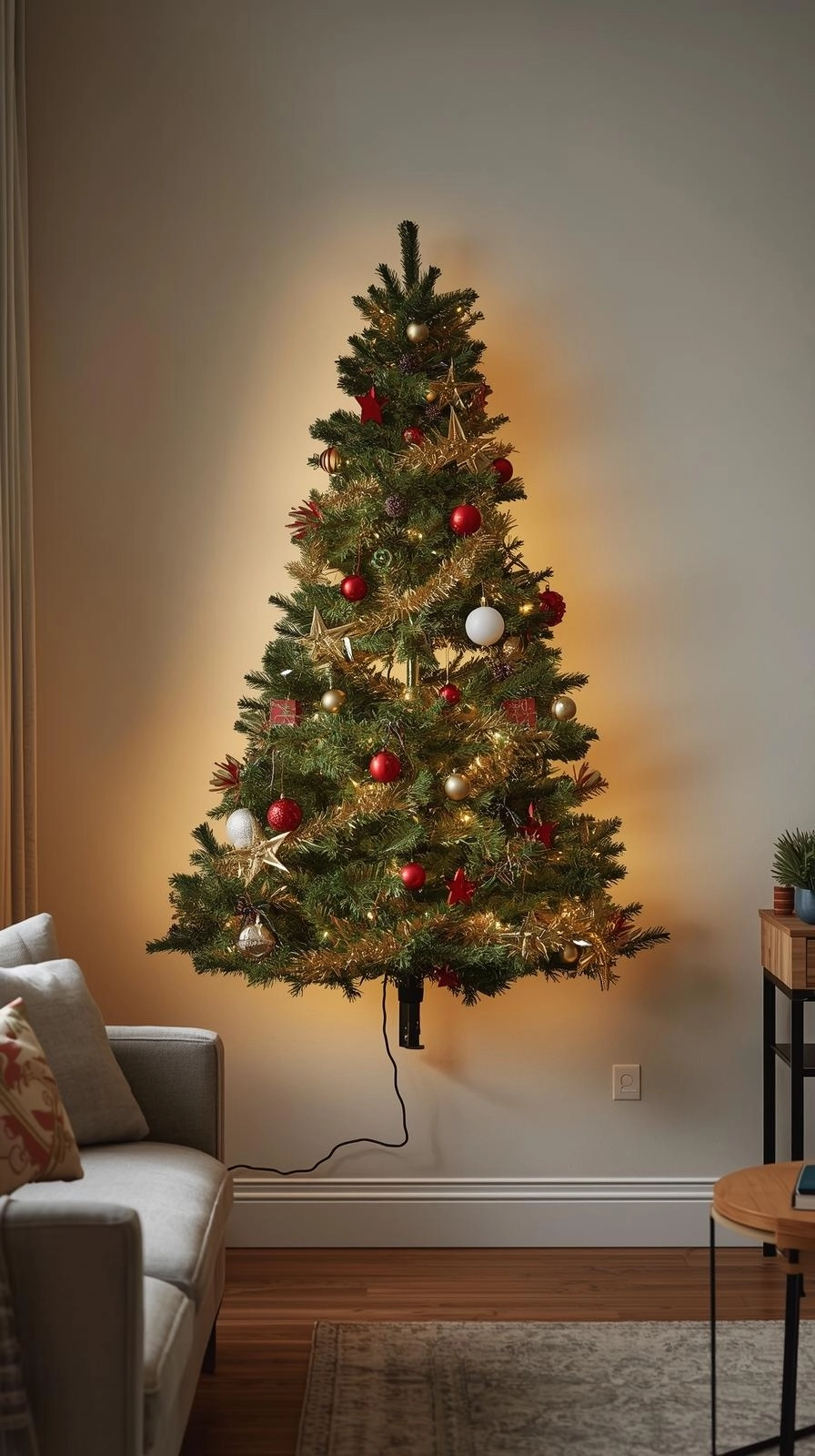 Half or wall-mounted Christmas tree in a small 2025 apartment, decorated with lights and ornaments for modern holiday decor.