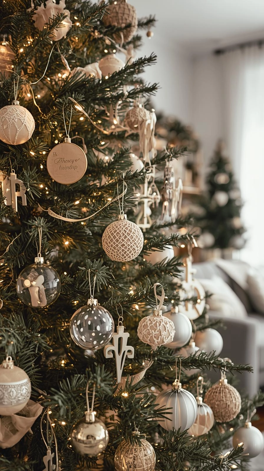Modern Christmas tree decorated with mixed media ornaments for 2025 Christmas tree trends, featuring glass, wood, metal, and fabric details.