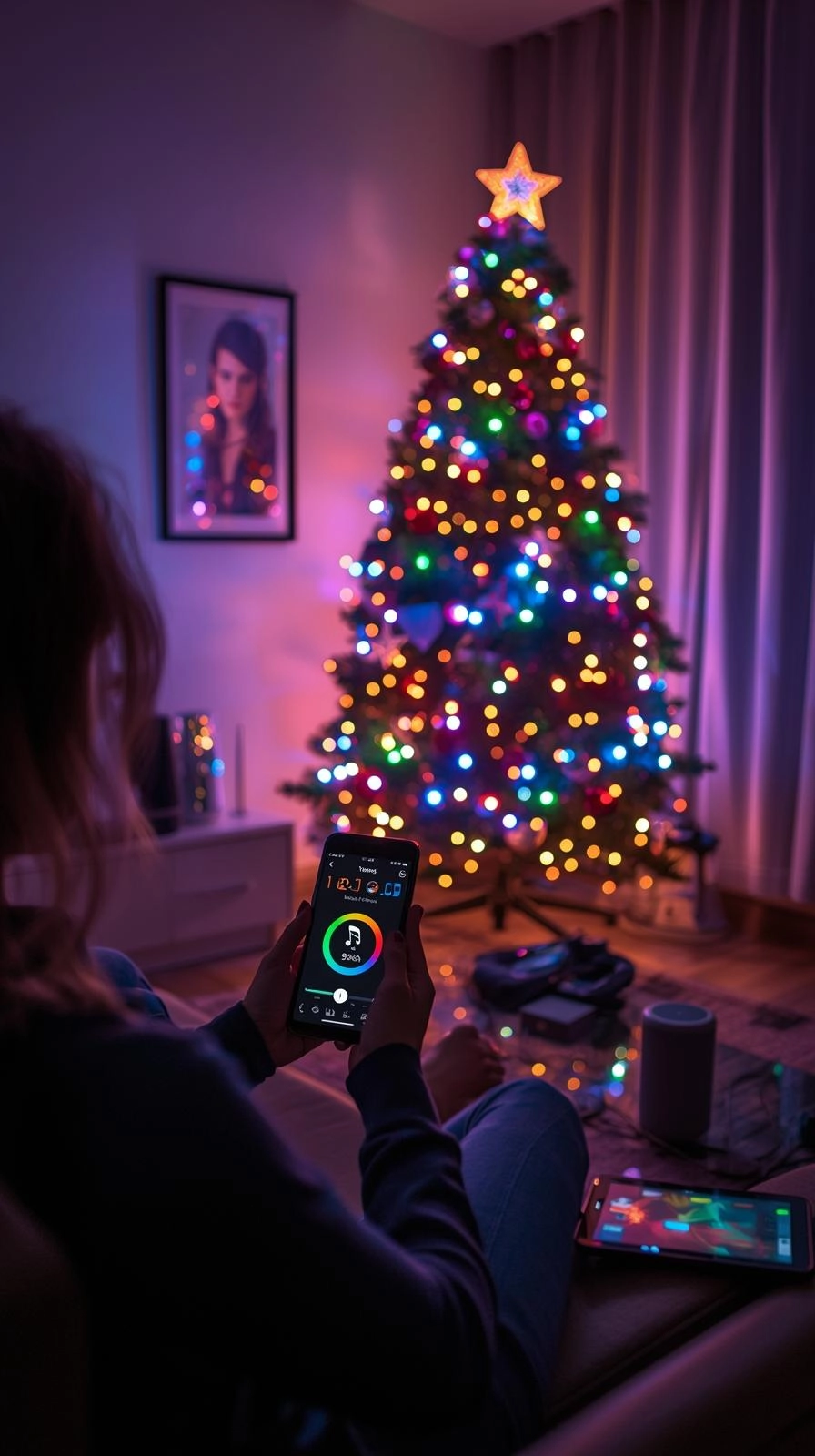Smart Christmas tree in 2025 home syncing lights with music via smartphone app for modern holiday decor.