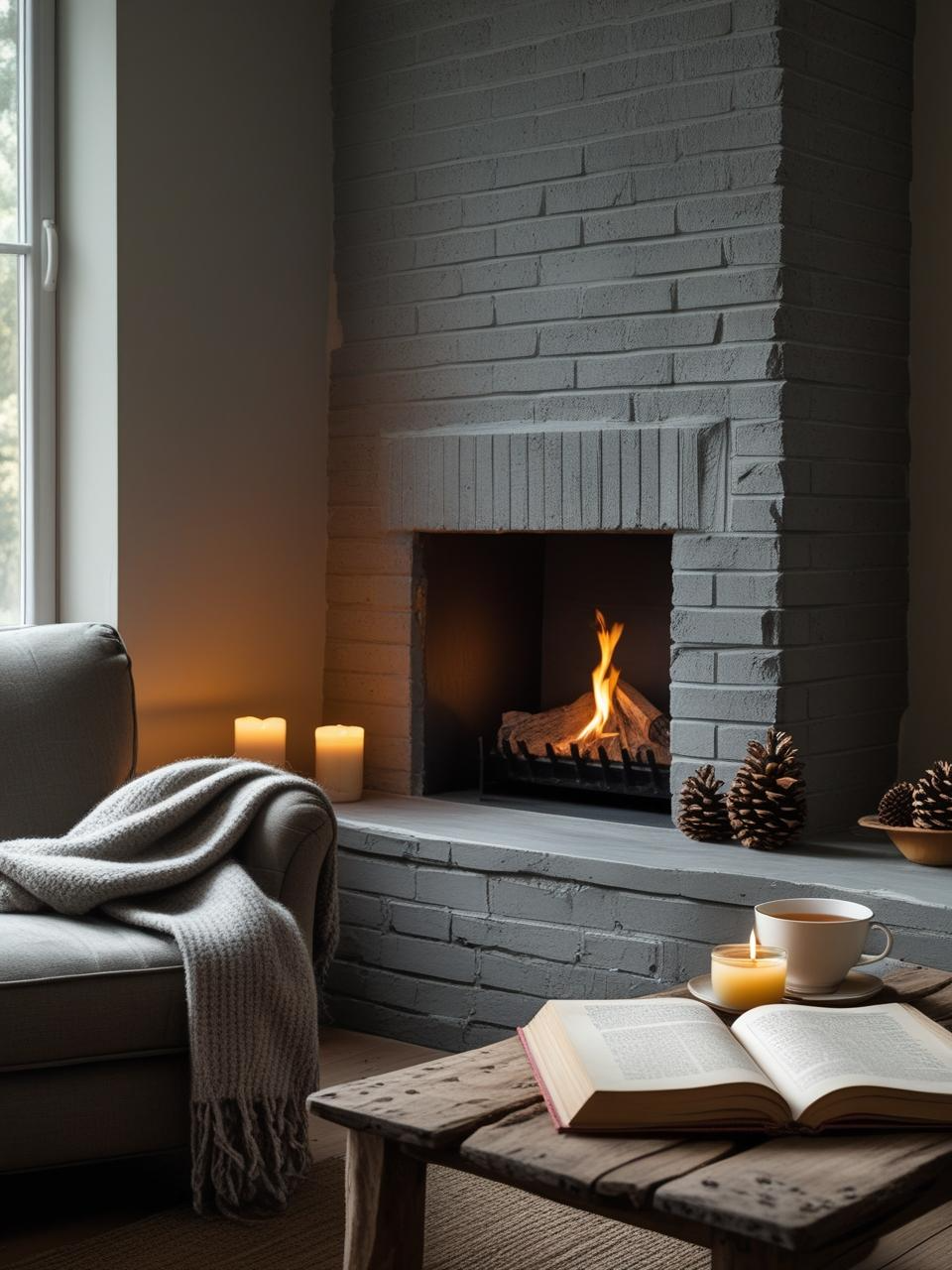 A cozy living room with a gray brick fireplace, styled with candles, pinecones, and books to reflect personal warmth and storytelling.