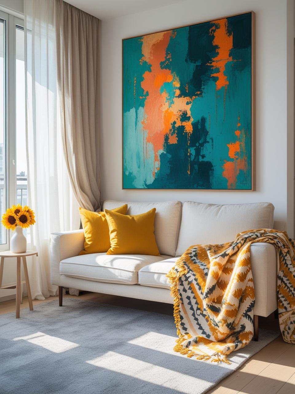 Cozy modern apartment decor inspiration with a neutral base and colorful accents like mustard pillows and abstract wall art for warmth and style.