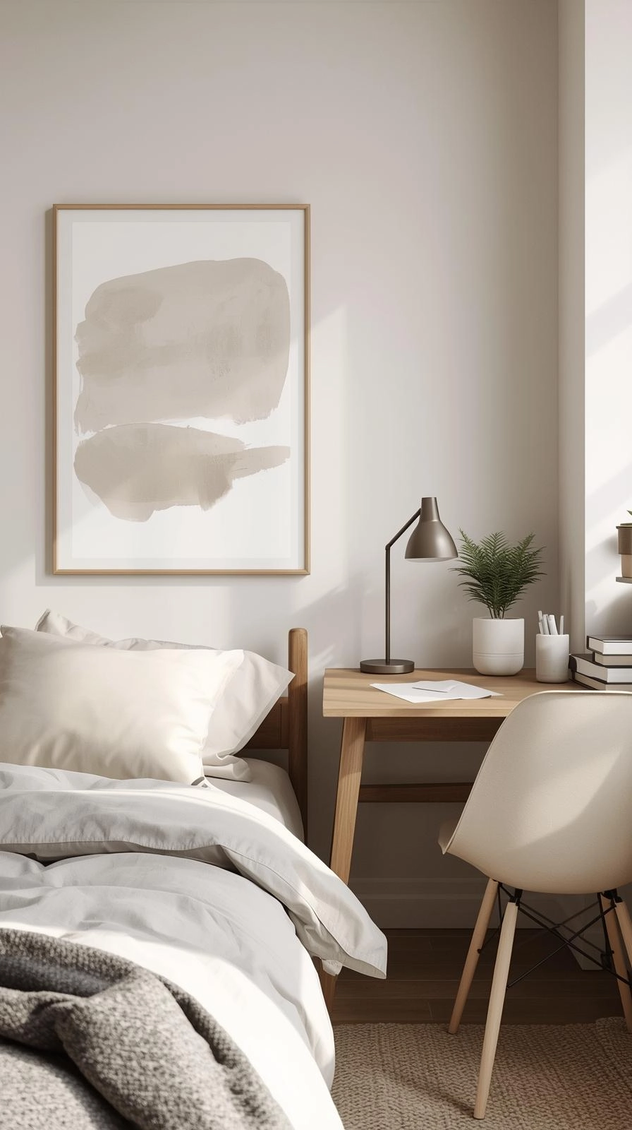 A minimalist dorm room with a neutral abstract art poster on the wall, creating a calm and balanced atmosphere for studying.
