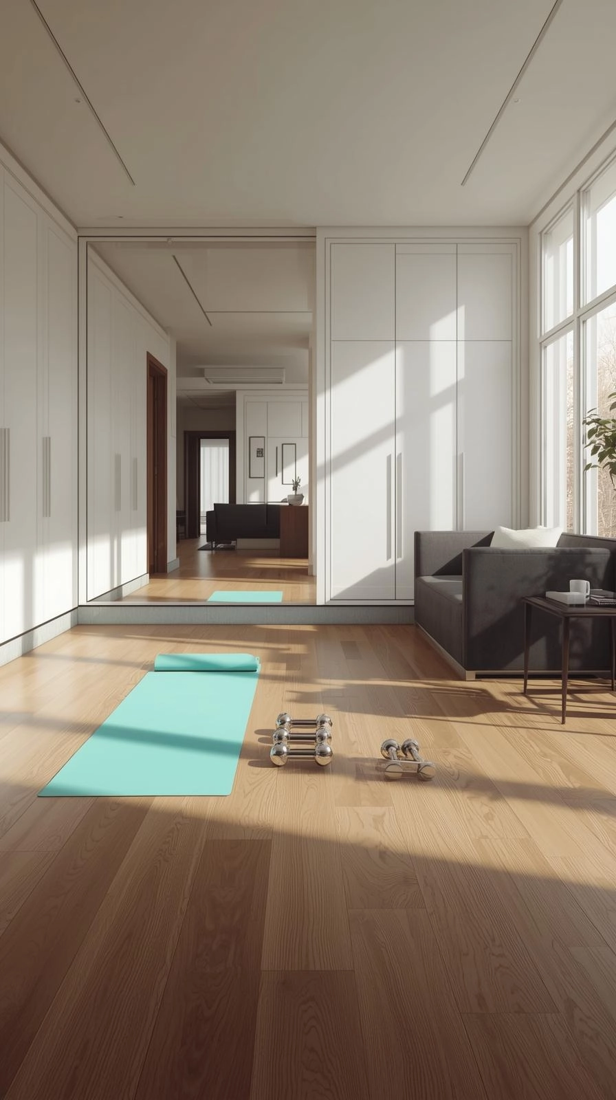 Multipurpose room with open floor for yoga, wall mirror, hidden storage cabinets, and a cozy seating area for daily living.