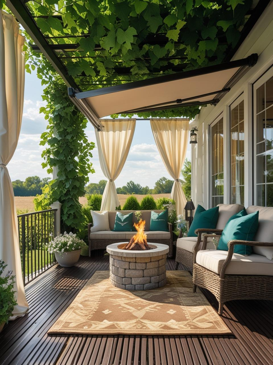 All-season farmhouse patio with pergola, shade cloth, heaters, and weatherproof fabrics for year-round comfort.