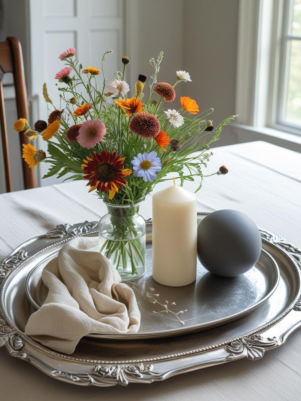 Antique tray with mixed objects including vase, candle, and decor on a dining room table – Dining Room Table Centerpiece Ideas.
