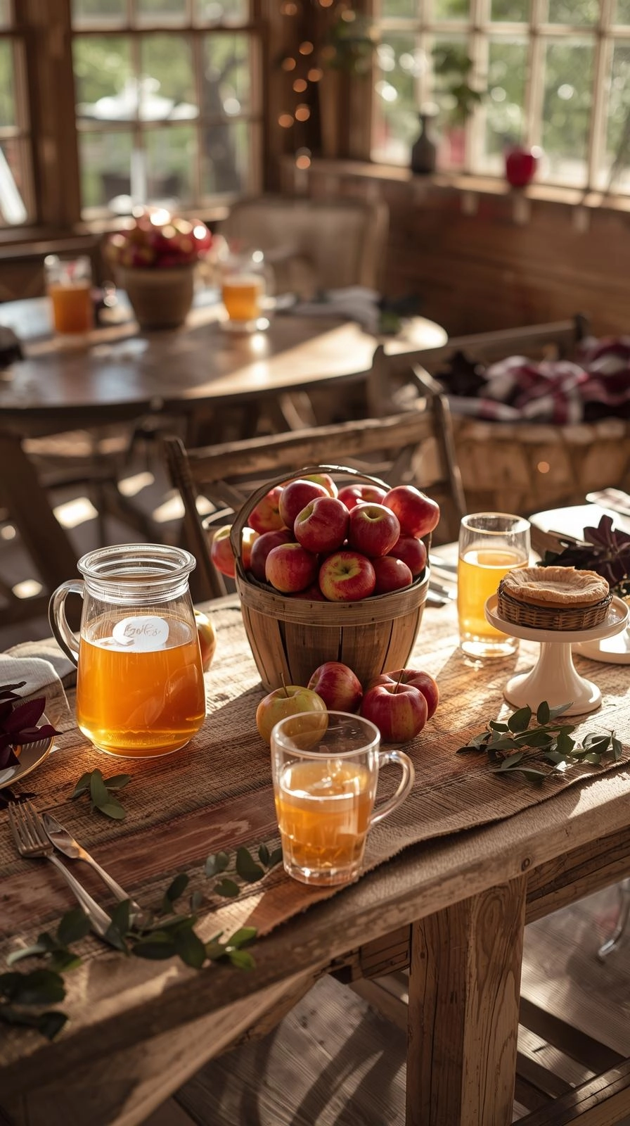 Apple orchard fall baby shower with baskets of apples, cider, and rustic seasonal decor.