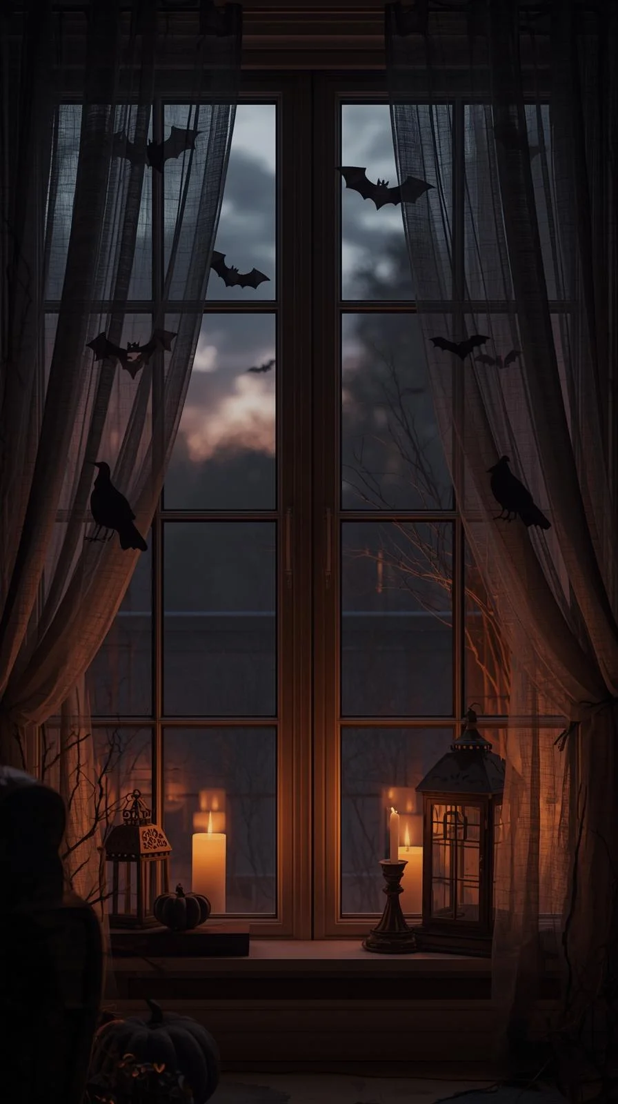 Windows with sheer curtains, lanterns, and spooky silhouettes styled for cozy spooky season home decor.