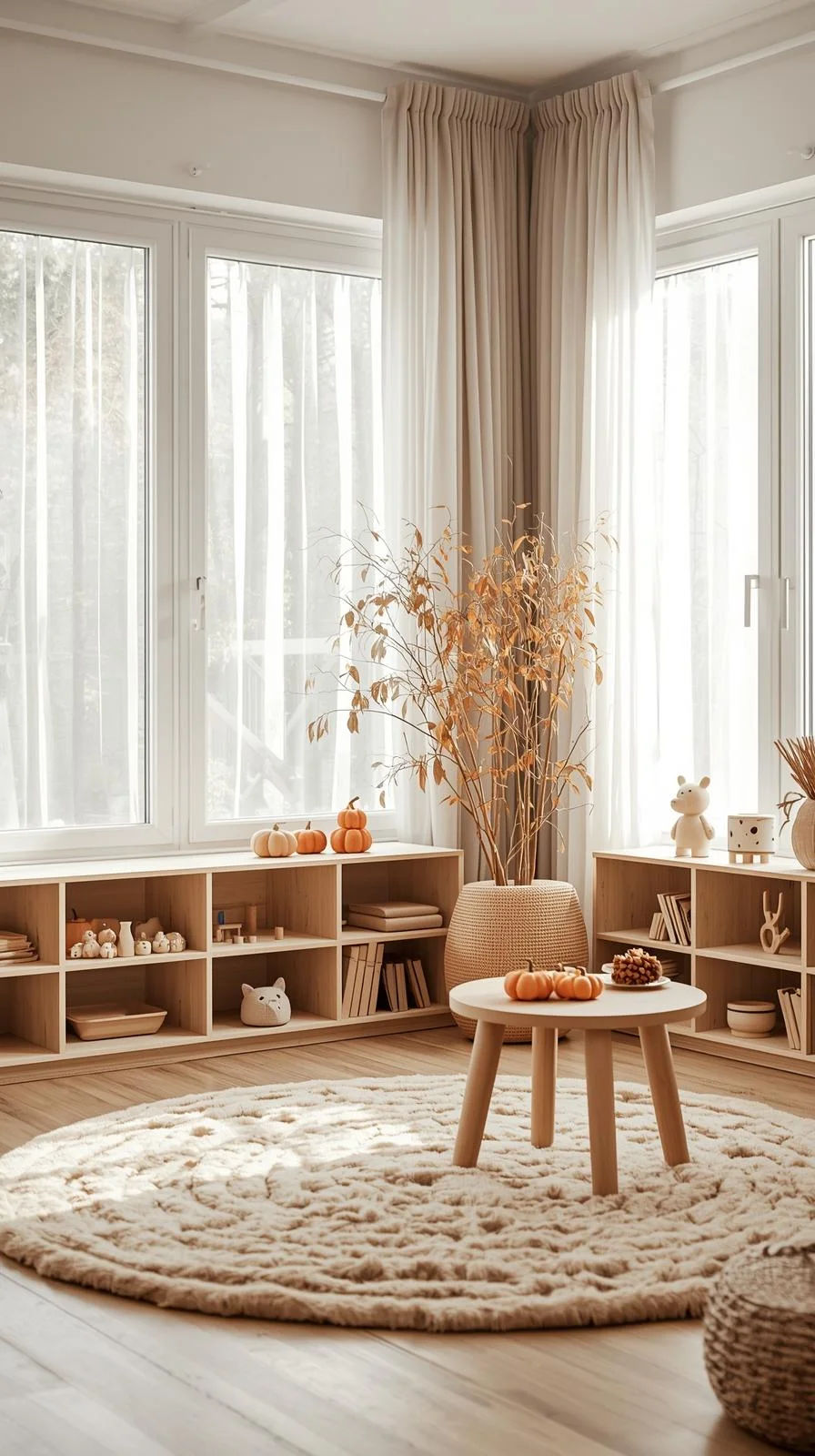Autumn Waldorf playroom setup with natural light, wooden toys, and seasonal nature table with pumpkins and leaves.