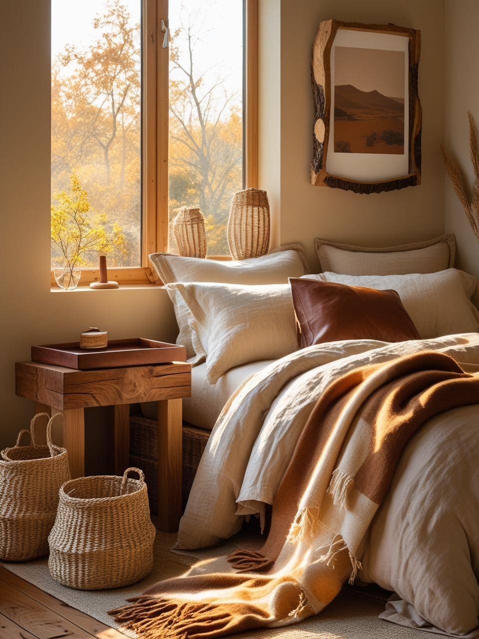 Autumn bedroom decor ideas featuring wood, leather, linen, wool, and rattan for a timeless natural style.