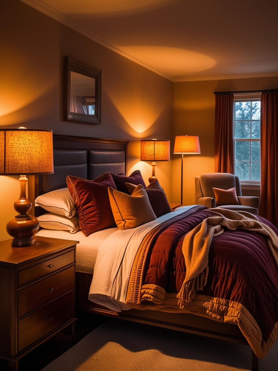 Autumn bedroom decor ideas with warm bedside lamps and layered lighting that flatters wood and creates a cozy glow