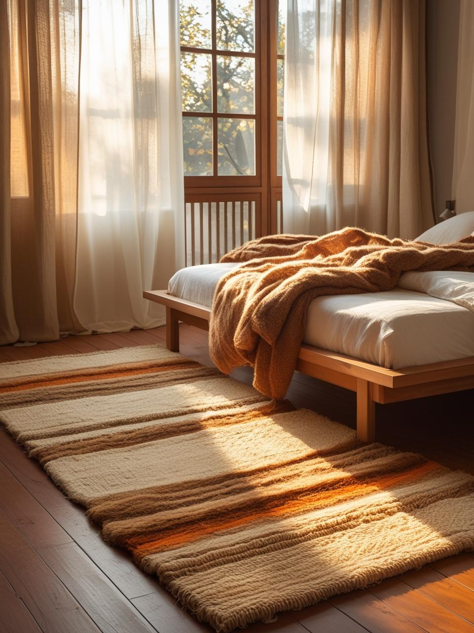 Autumn bedroom with layered rugs for warmth and cozy seasonal comfort.