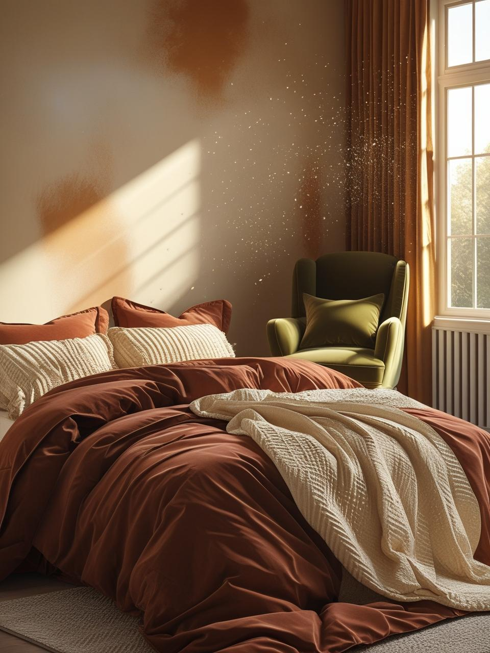 Autumn bedroom with rust, olive, cream, and wheat color palette for a balanced look.