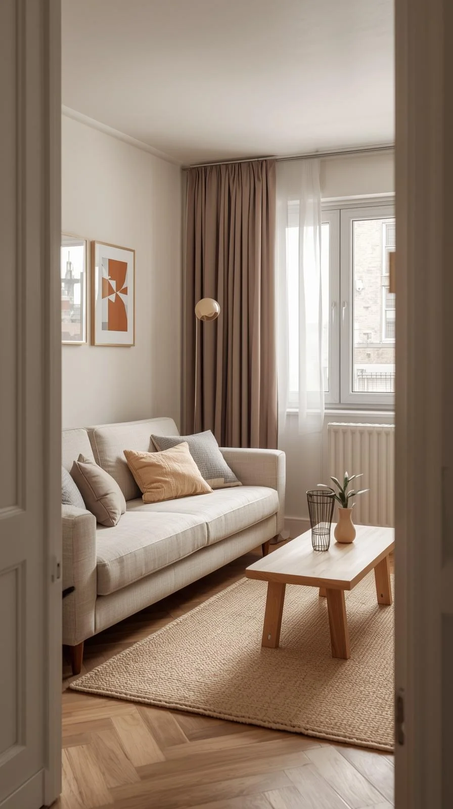Small apartment aesthetic cozy living room with cream walls, beige sofa, pastel accents, and a balanced warm color palette.