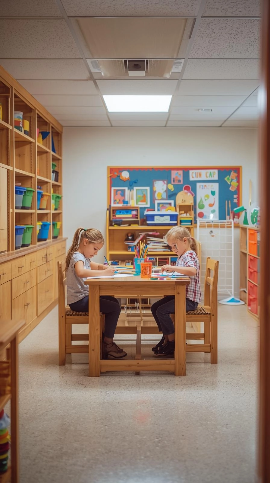 Basement kids hangout arts and crafts studio with children painting at a work table, organized supplies, and artwork display.
