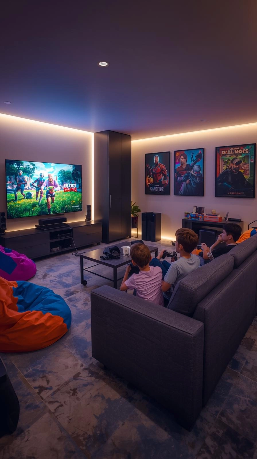 Basement kids hangout gaming zone with tweens playing video games on a big screen, LED lights, sectional sofa, and beanbags.
