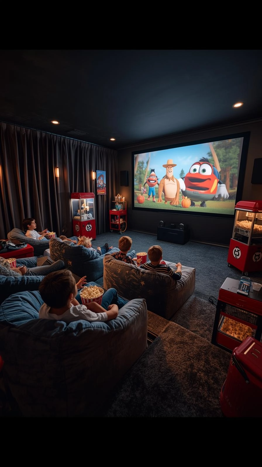 Basement kids hangout movie theater with projector screen, beanbags, recliners, popcorn machine, and posters.