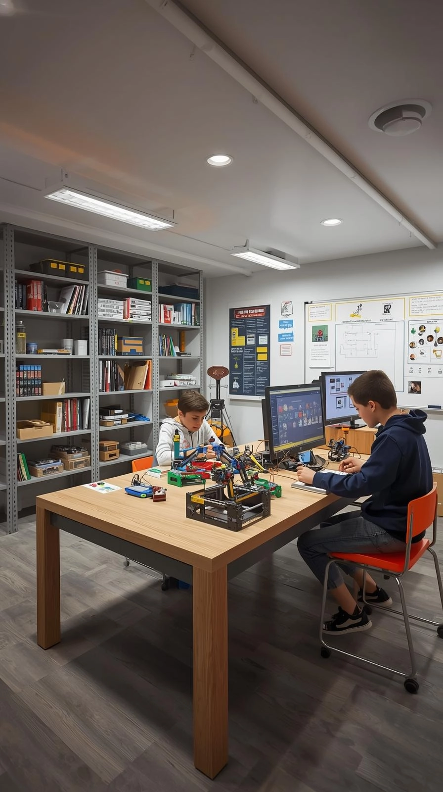 Basement kids hangout STEM lab with robotics kits, computer station, whiteboard, and organized science tools.