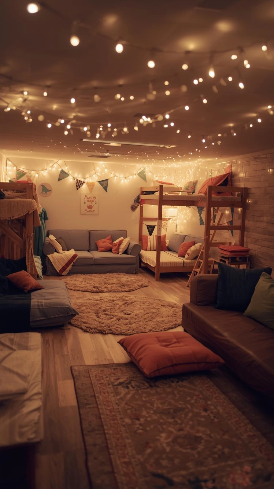 Cozy basement kids hangout with fold-out couches, soft rugs, and string lights set up for a sleepover retreat.