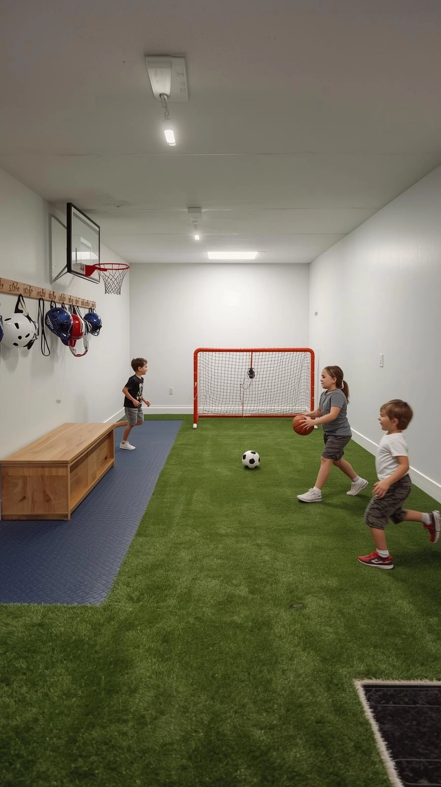 Basement kids hangout indoor sports zone with basketball hoop, mini soccer goal, padded mats, and organized sports gear.