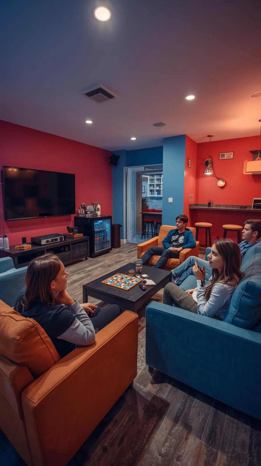 Basement kids hangout teen lounge with modern furniture, sectional sofa, TV, snack bar, and mini fridge.