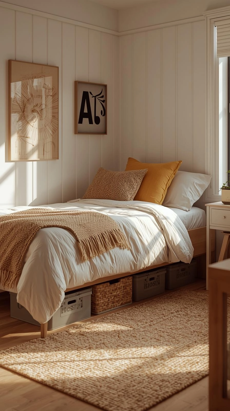A modern dorm room with a neatly made bed featuring layered pillows and storage bins showing focal point dorm room decoration ideas.