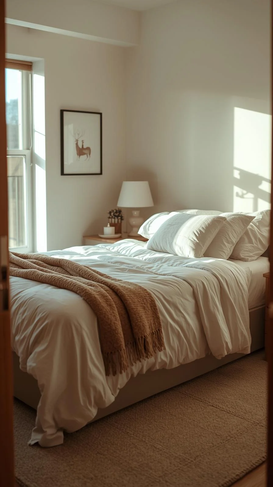 College dorm room decor ideas featuring neutral bedding with layered pillows and a throw blanket for a cozy, balanced look.