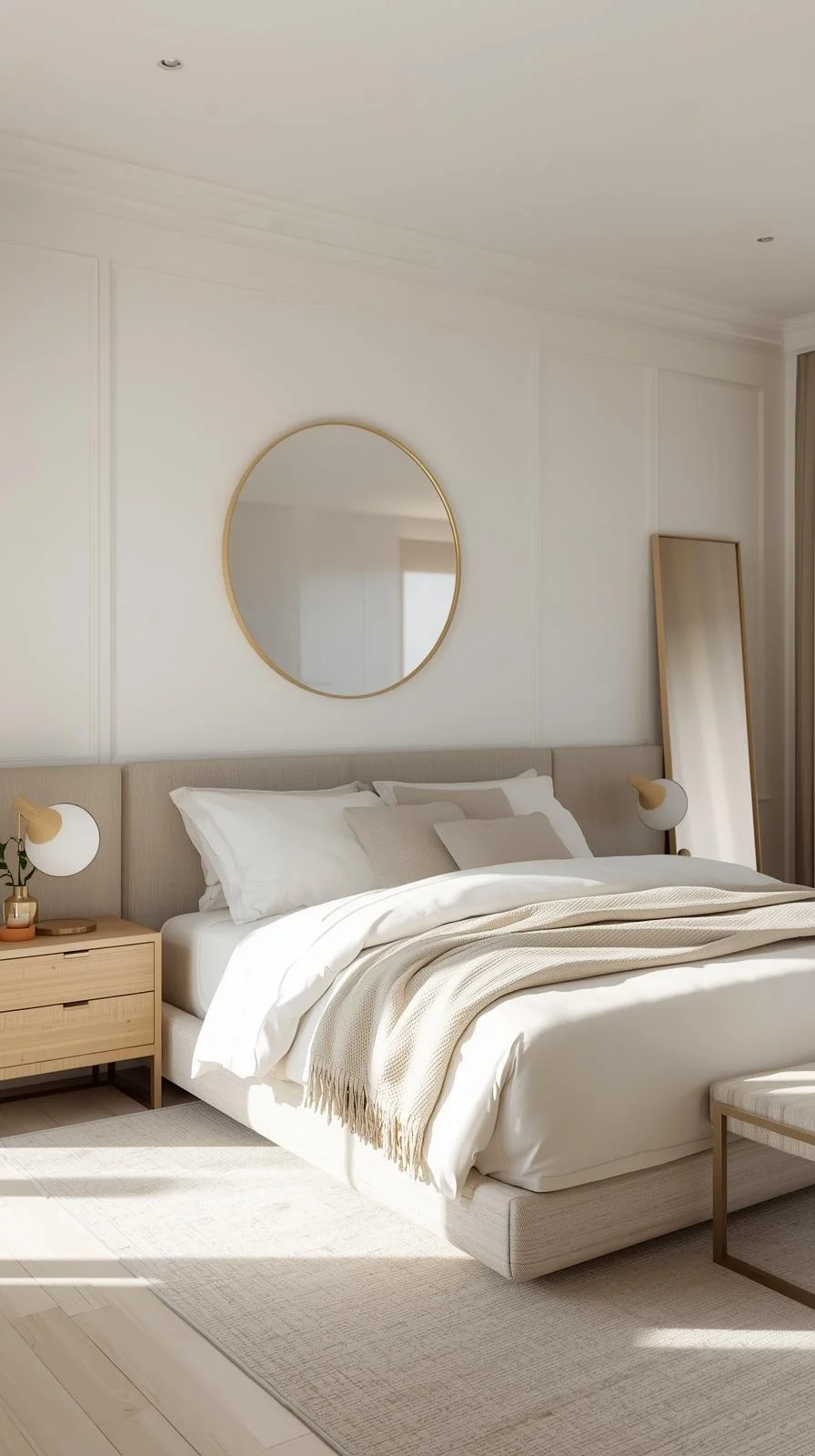 Round mirror above bed and tall mirror in modern bedroom showing wall decor ideas for bedroom.