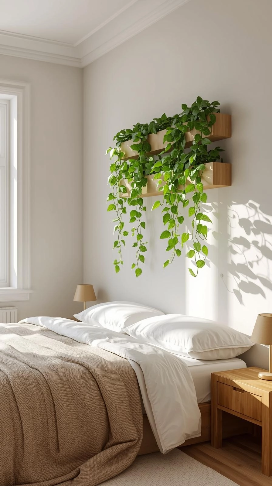 Bedroom wall with hanging planters and trailing green plants showing wall decor ideas for bedroom.