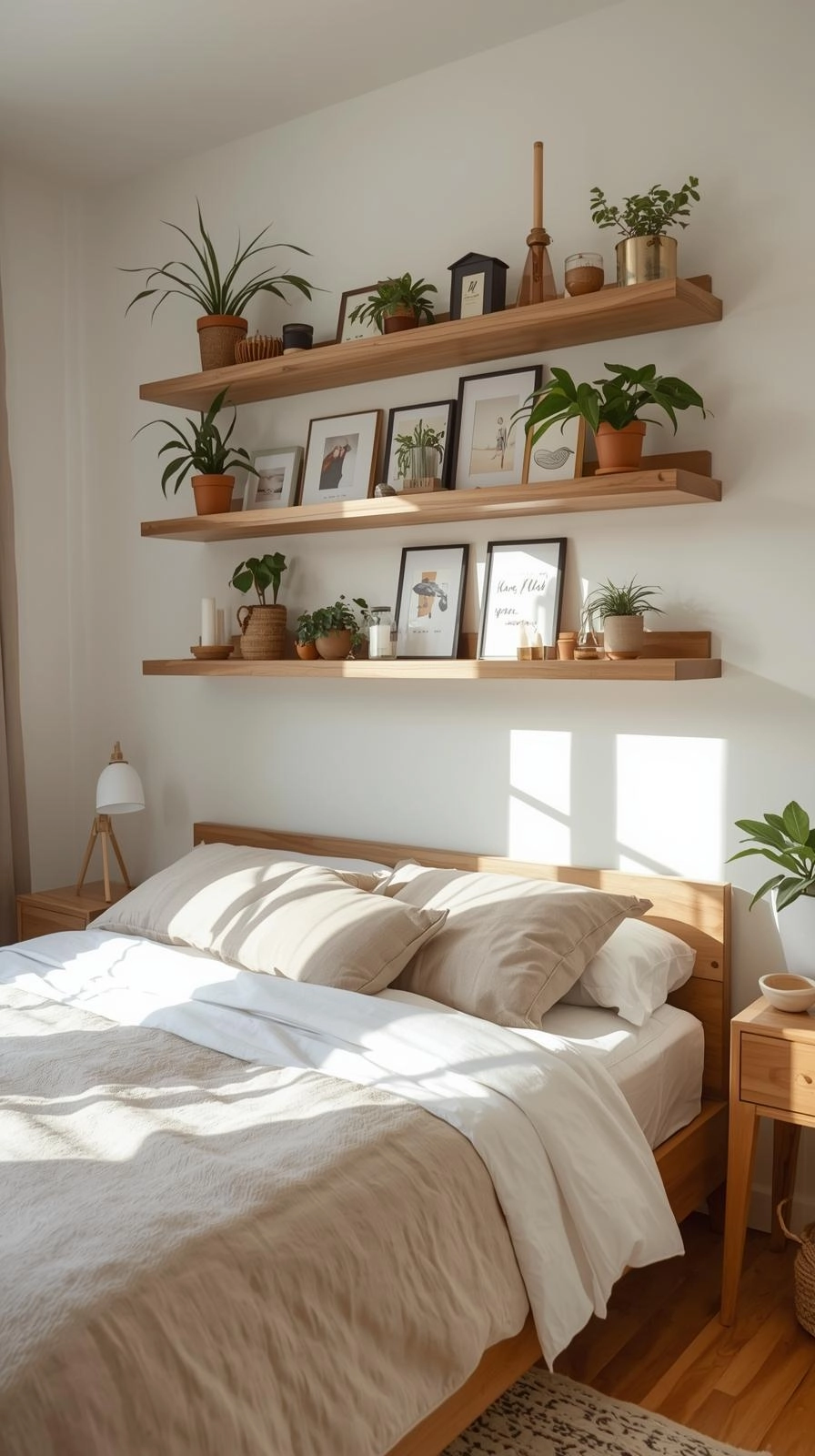 Floating wooden shelves with plants and art above bed showing wall decor ideas for bedroom.