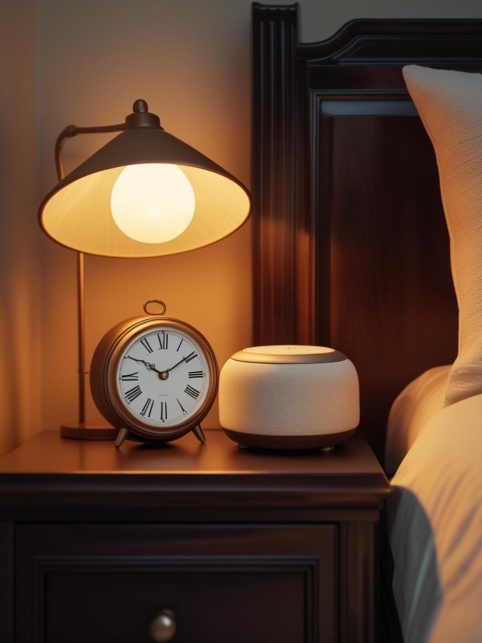 Bedroom nightstand with analog clock and sound machine, no phone in sight.