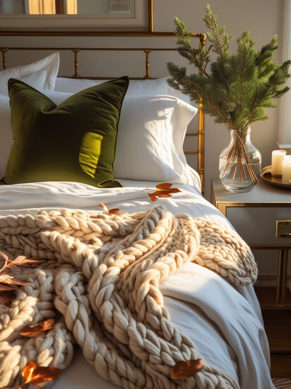 Bedroom with green pillows, wool throw, cedar branches, and brass accents for seasonal decor.