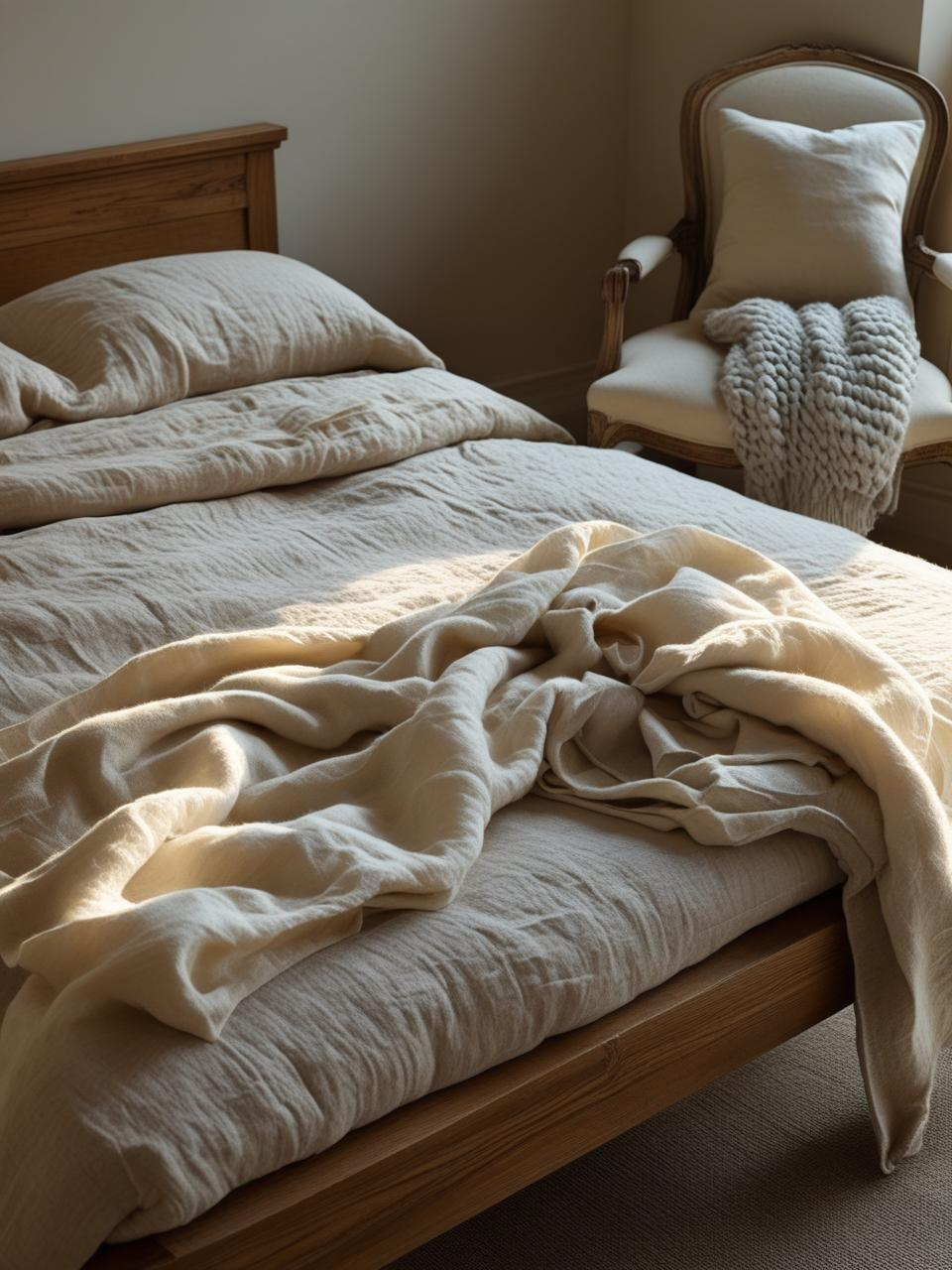 Bedroom with natural wool blanket, linen bedding, and solid wood furniture.