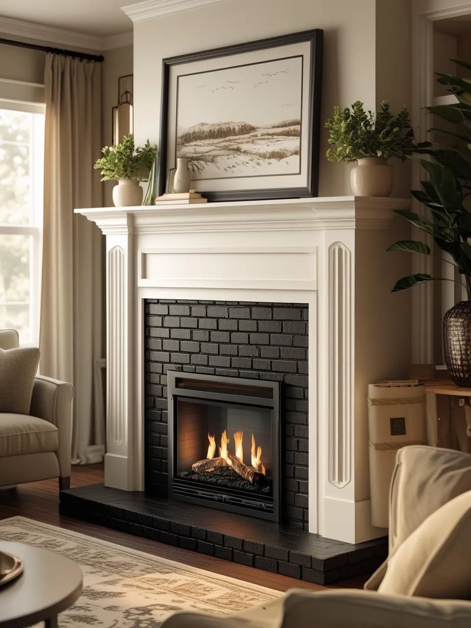 Black brick fireplace comparison showing budget-friendly painted brick and high-end custom masonry with premium finishes.