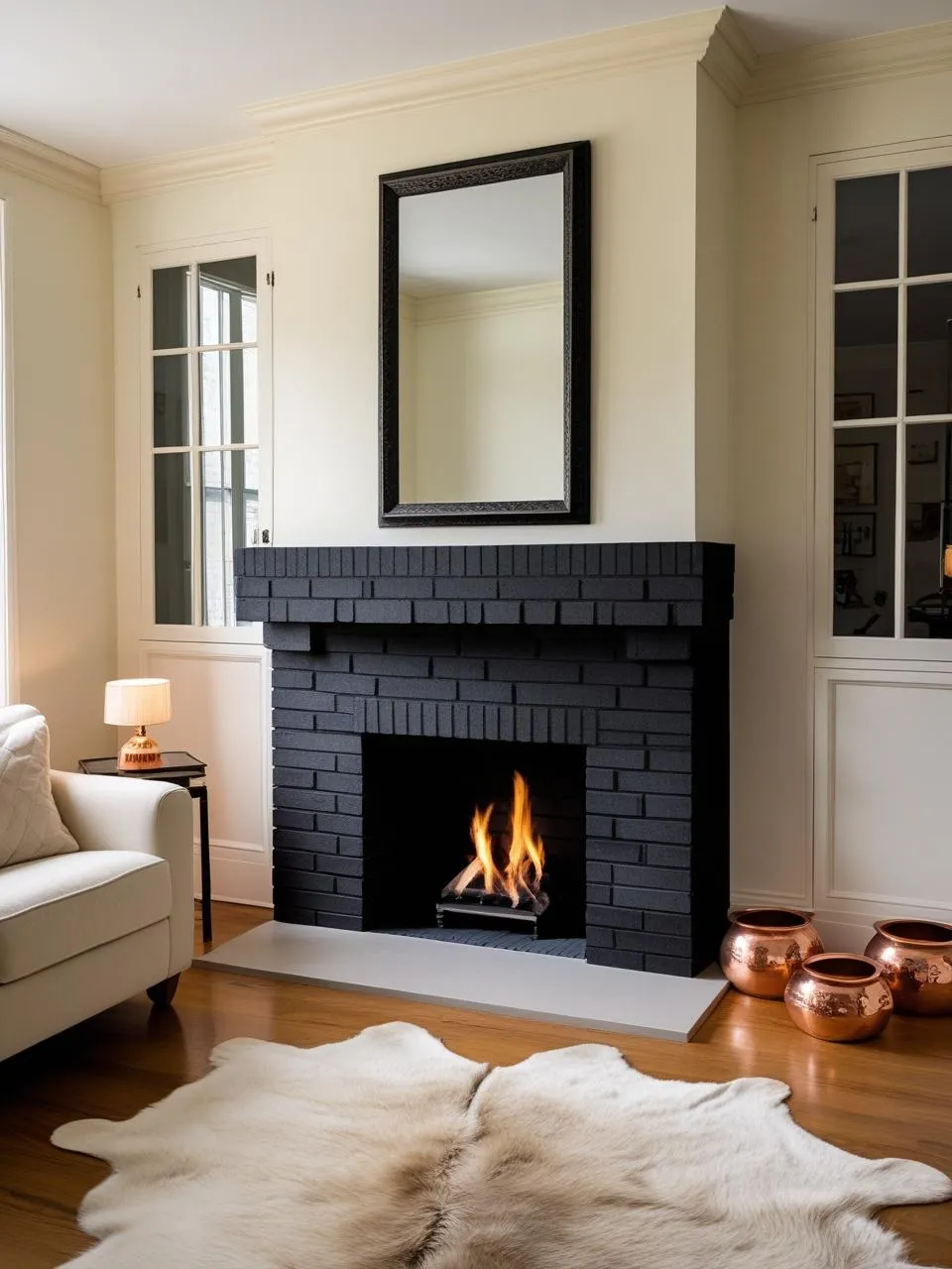 Black brick fireplace designed for small spaces, adding warmth and coziness without overwhelming the room.