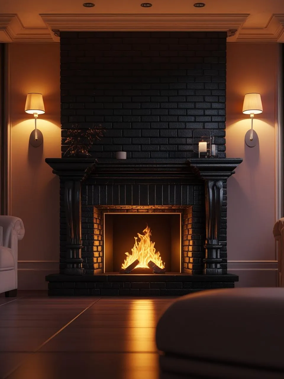 Black brick fireplace illuminated with warm sconces, LED strips, and accent lighting for rich texture and cozy ambiance.