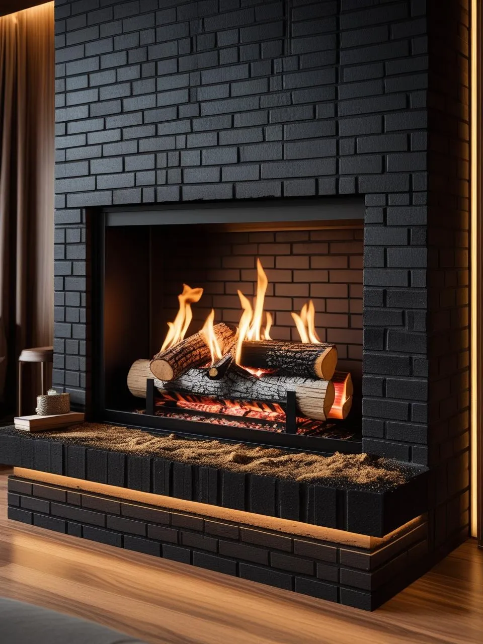 Black brick fireplace showing wood-burning and gas insert styles, combining classic warmth with modern convenience.
