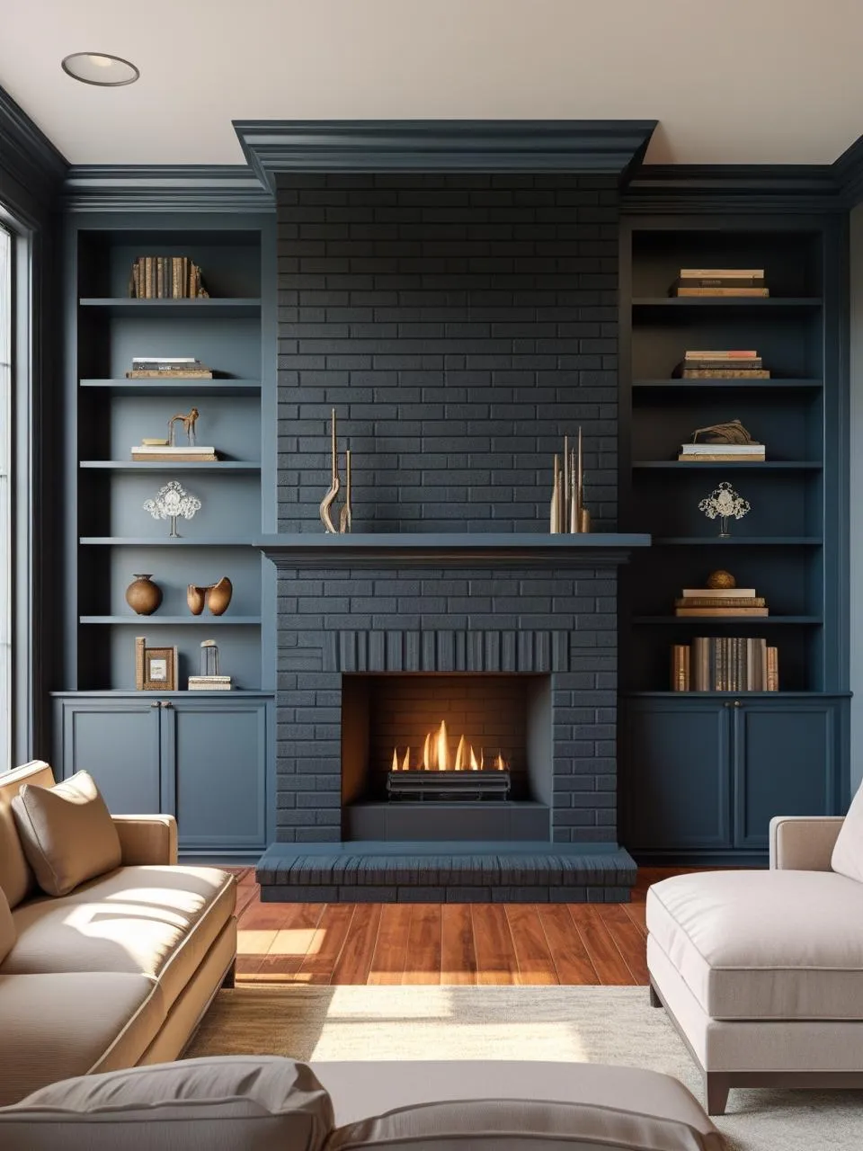 Black brick fireplace with built-in shelves and cabinets, combining style and storage in a modern living room.