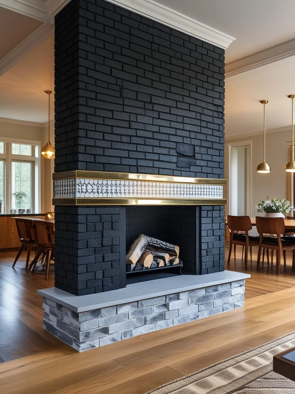 Black brick fireplace with stone, brass, and tile accents, adding layered interest to a modern open-plan living space.