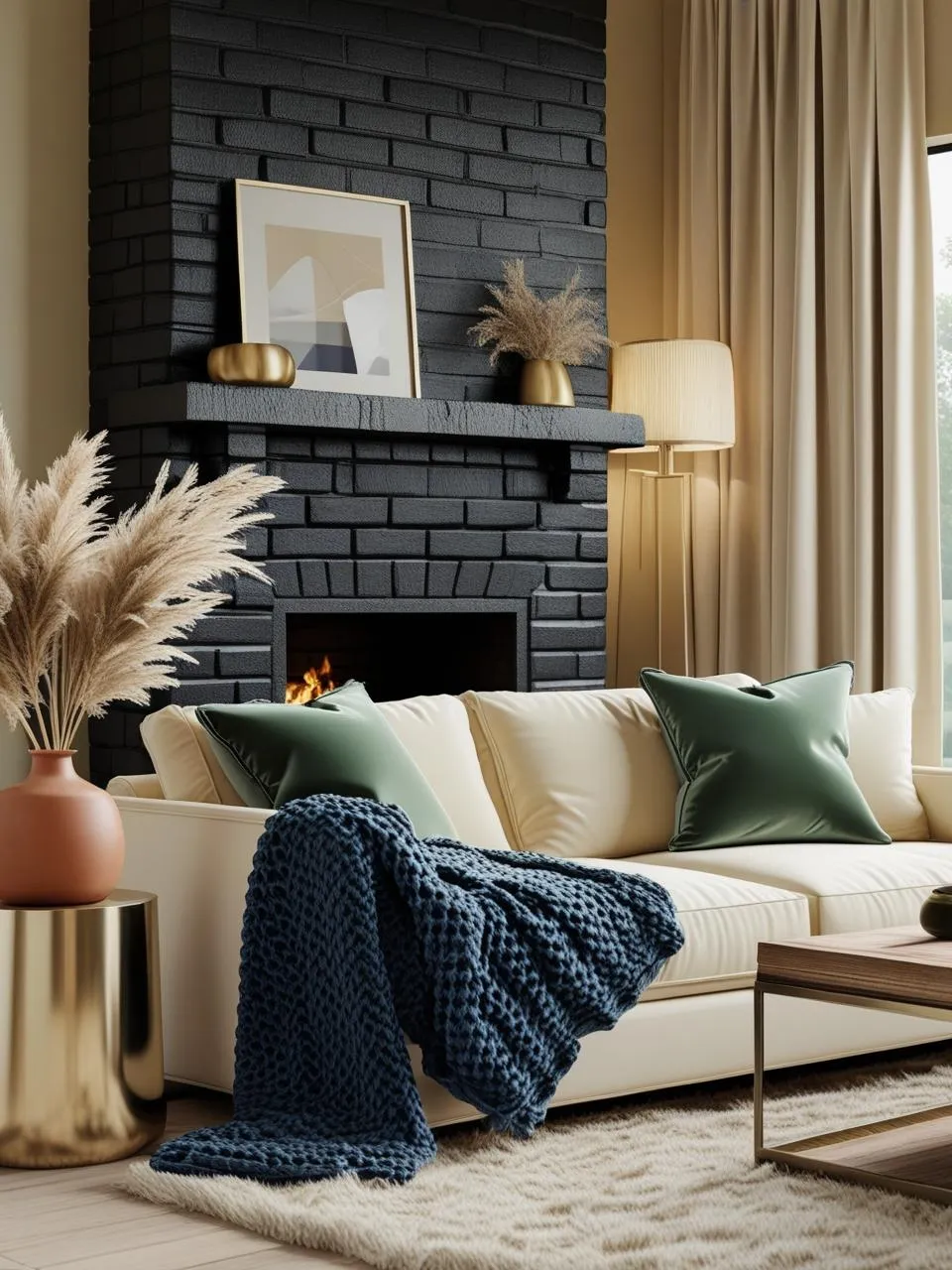 Black brick fireplace with beige, cream, green, blue, and terracotta accents for a cozy, balanced color palette.