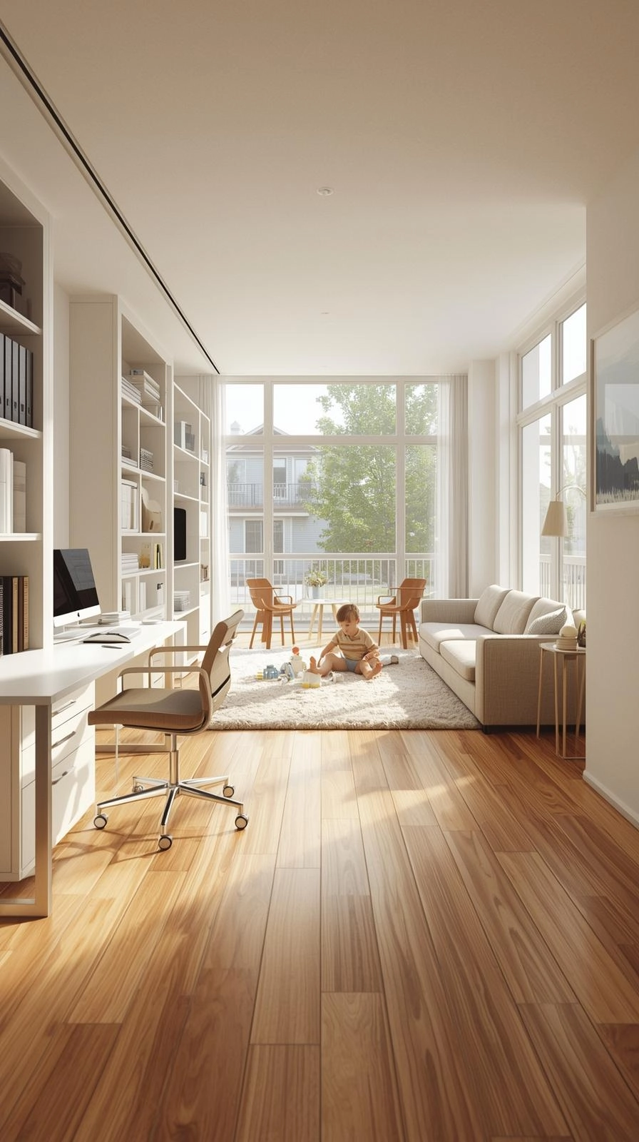 Modern multipurpose room with home office desk, children’s play area, and cozy family seating in one open space.