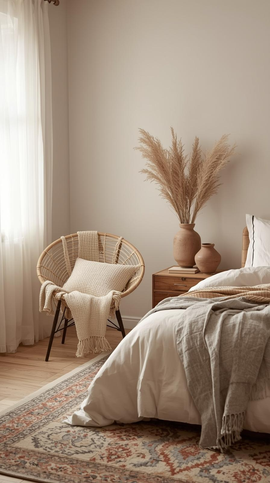 Bohemian bedroom decor inspiration with minimalist design, patterned rug, textured throw, rattan chair, and earthy accents.
