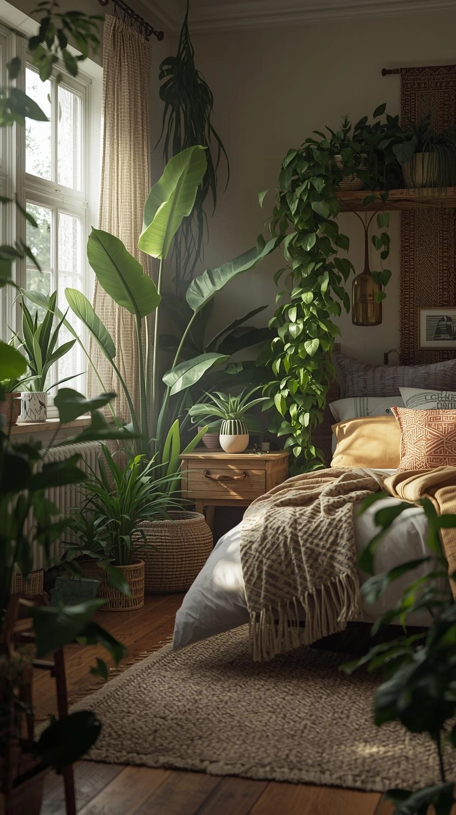 Boho maximalist bedroom with indoor plants like monstera and pothos softening layered textures and decor.