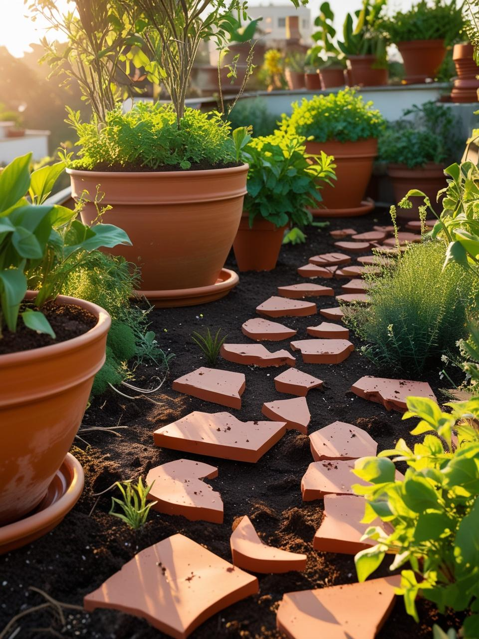 Broken terracotta pot pieces reused for drainage and decoration in a thriving terrace garden.